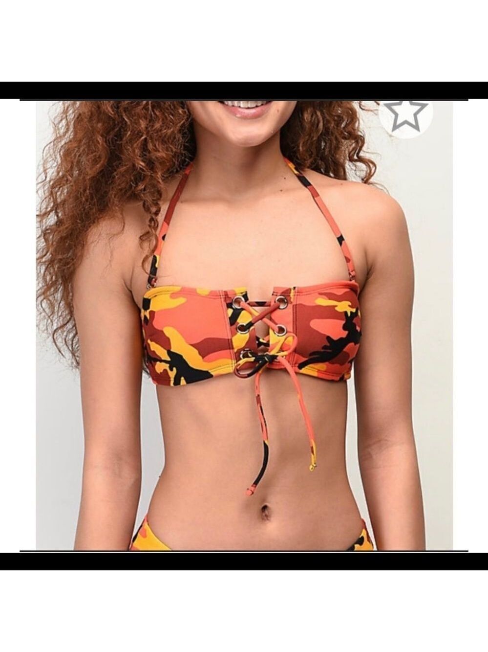 Malibu dream girl orange camo eyelet Lace-up bandeau bikini top Sz S NWOT